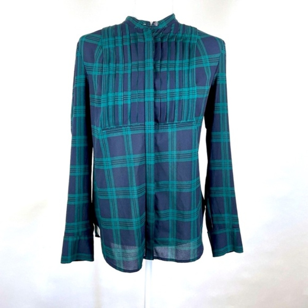 J. Crew Women Sz M Cowgirl Sheer Plaid Navy & Green Button‎ Down Shirt